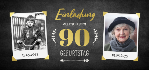 Einladungskarte 90. Geburtstag: Ich & Ich mit Fotos in Schwarz