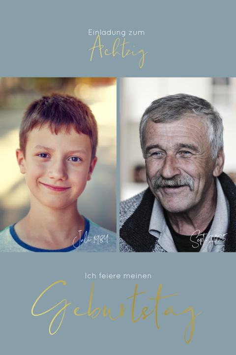 Einladungskarte 80. Geburtstag: Zwei Bilder mit Datum mit Fotos in Blau