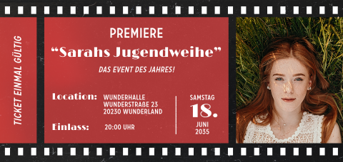 Einladungskarte Jugendweihe: Filmpremiere mit Foto in Rot