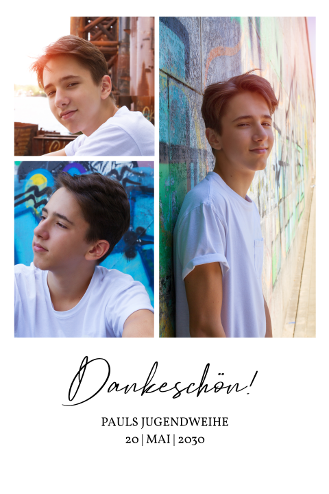 Dankeskarte Jugendweihe: Gute Zeit Danke mit Fotos in Weiß