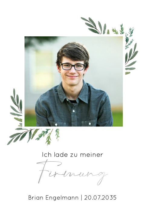 Einladungskarte Firmung: Greenery Fenster mit Fotos in Weiß