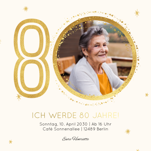 Einladungskarte 80. Geburtstag: Goldene Jahre - 80 mit Foto in Creme