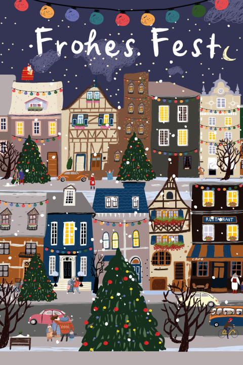 Weihnachtskarte: Weihnachtsstädtchen in Blau