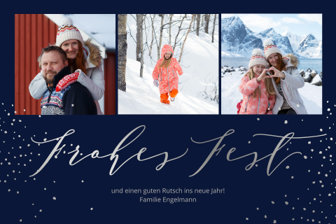 Grußkarte Weihnachten: Glänzender Schnee mit Fotos in Blau