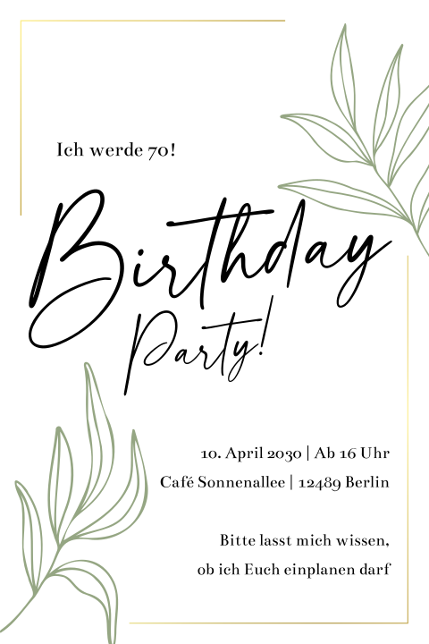 Einladungskarte 70. Geburtstag: Florales Gold in Weiß