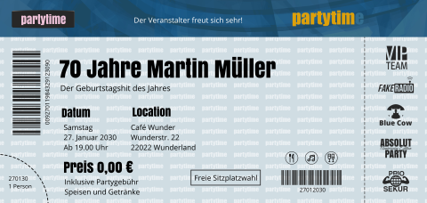Einladungskarte 70. Geburtstag: Partyticket in Weiß