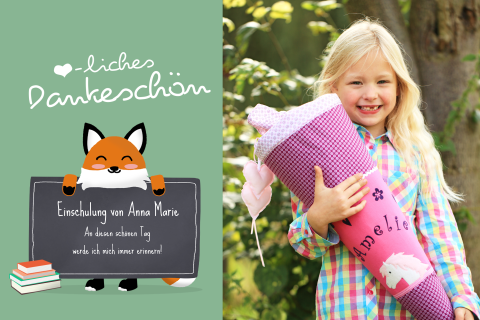 Dankeskarte Einschulung: Schlauer Fuchs mit Foto in Grün