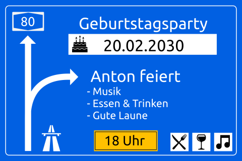 Einladungskarte 80. Geburtstag: Autobahn mit Foto in Blau
