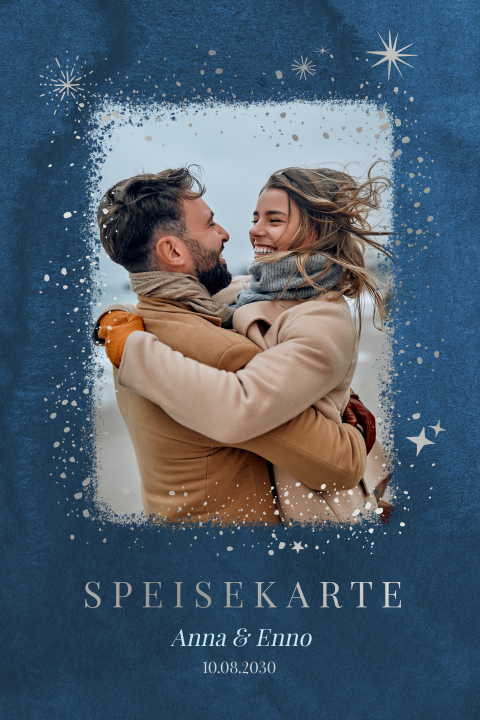 Menükarte Hochzeit: Sternschnuppen mit Foto in Blau