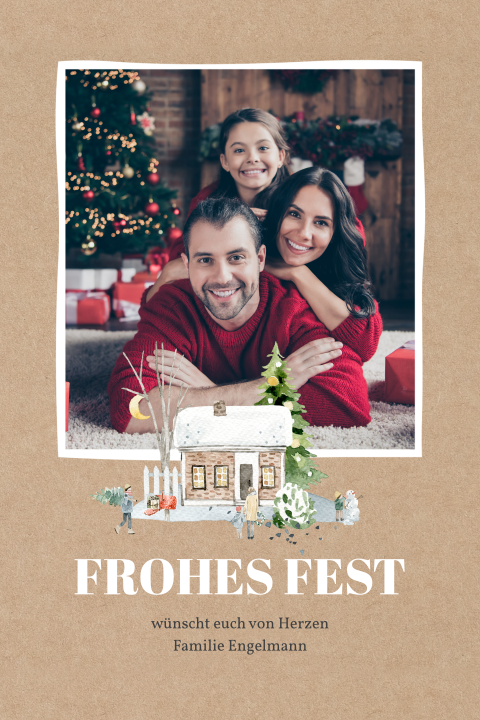 Weihnachtskarte: Weihnachtliches Haus mit Foto in Kraft Look