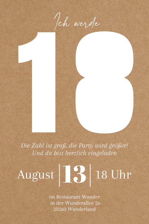 Einladungskarte 18. Geburtstag: Ausgestanzte 18 mit Fotos in Kraft Look