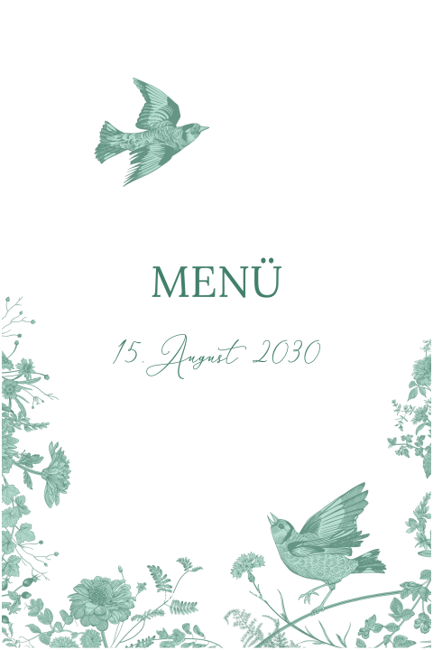 Menükarte Hochzeit: Turteltauben in Mint