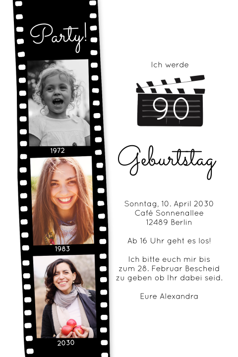 Einladungskarte 90. Geburtstag: Filmstreifen mit Fotos in Weiß