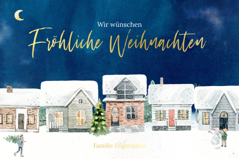 Weihnachtskarte: Weihnachtliches Winterdorf mit Foto in Blau