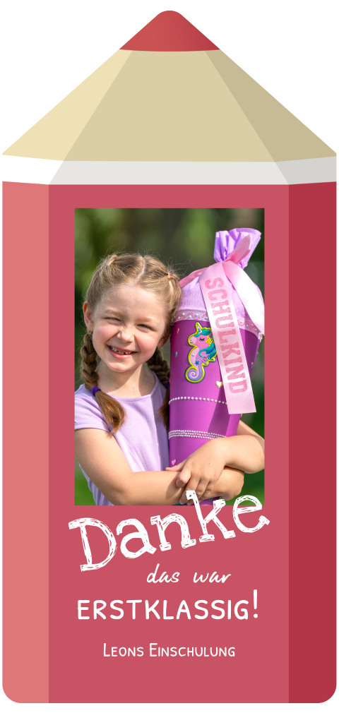 Dankeskarte Einschulung: Buntstift mit Foto in Dunkelrot