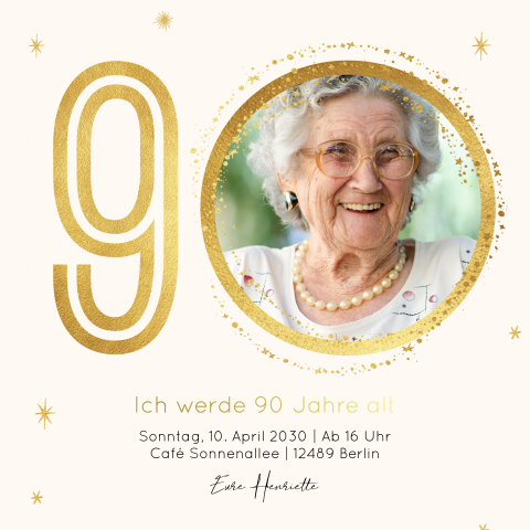 Einladungskarte Geburtstag: 90 goldene Jahre mit Foto in Creme