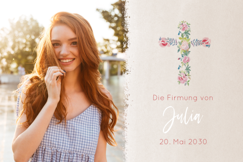 Einladungskarte Firmung: Blumen mit Foto in Creme