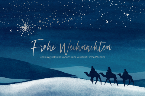 Weihnachtskarte: Drei Könige mit Foto in Blau