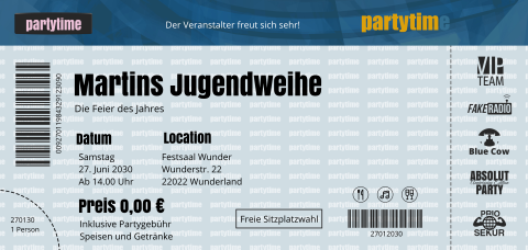 Einladungskarte Jugendweihe: Partyticket in Weiß