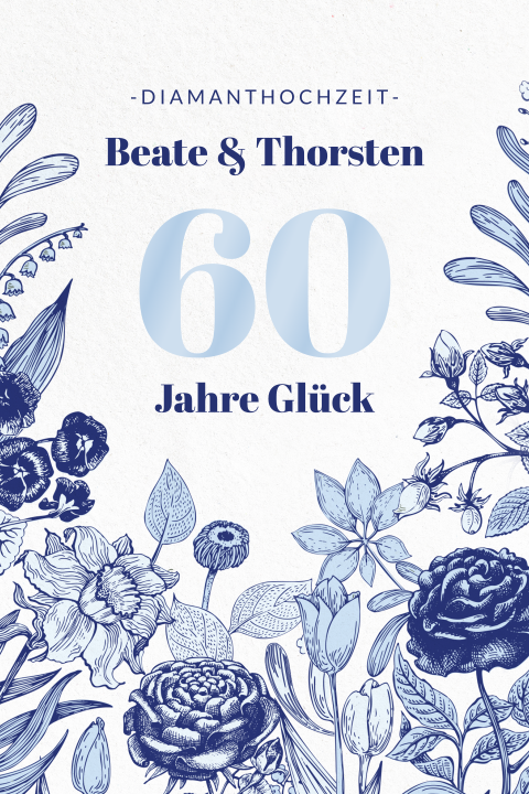 Einladungskarte Hochzeitstag: Blaue Blumen in Weiß