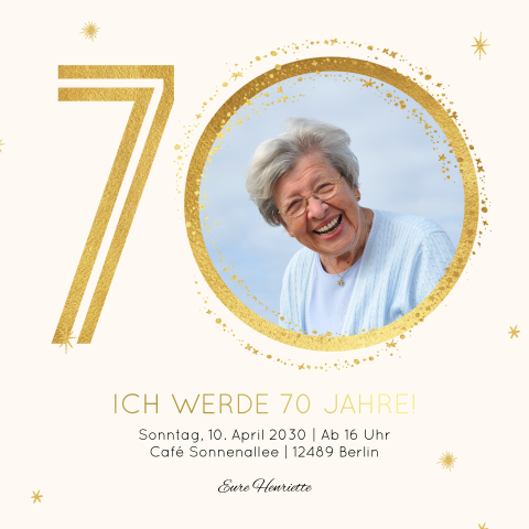 Einladungskarte 70. Geburtstag: Goldene Jahre - 70 mit Foto in Creme