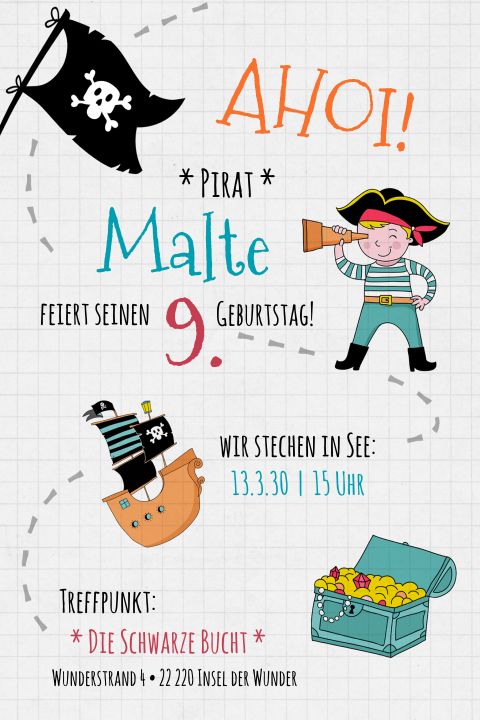 Einladungskarte Kindergeburtstag: Piratenparty mit Foto in Weiß