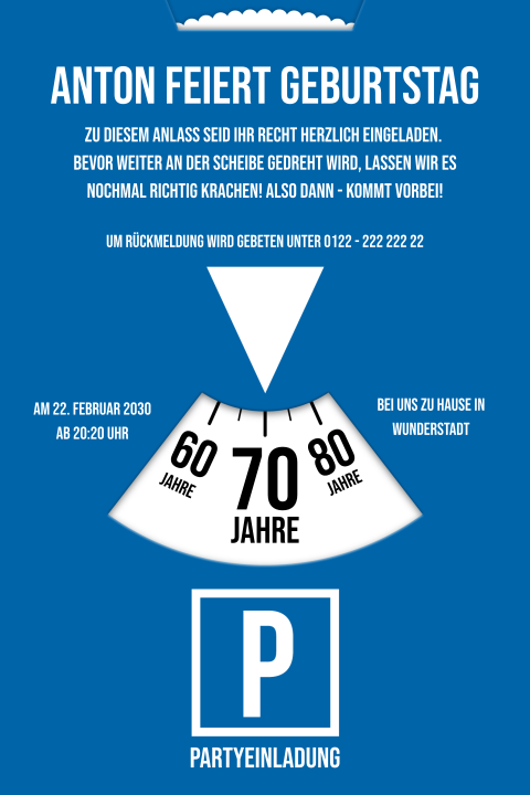 Einladungskarte 70. Geburtstag: Parkscheibe - 70 in Blau
