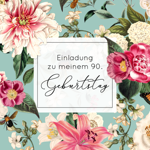 Einladungskarte 90. Geburtstag: Blumengarten in Mint