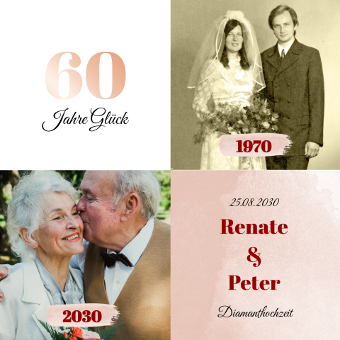 Einladungskarte Hochzeitstag: Romantisches Aquarell mit Fotos in Rosa