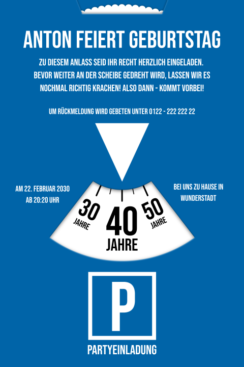 Einladungskarte 40. Geburtstag: Parkscheibe - 40 mit Foto