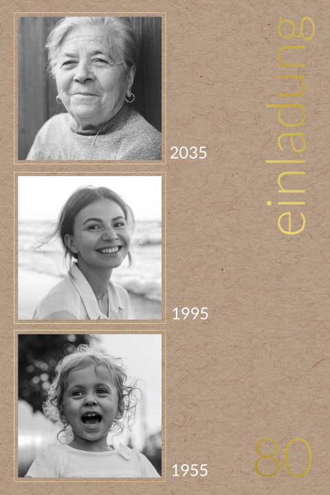 Einladungskarte 80. Geburtstag: Fotostory mit Fotos in Kraft Look