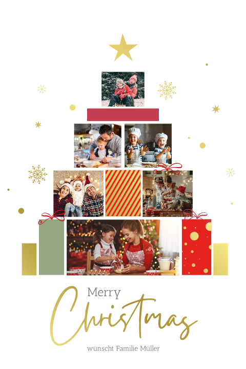 Weihnachtskarte: Geschenkestapel mit Fotos in Weiß
