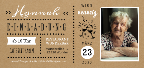 Einladungskarte 90. Geburtstag: Kraft Ticket mit Foto in Kraft Look