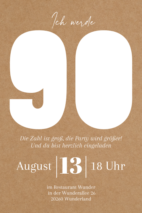 Einladungskarte 90. Geburtstag: Ausgestanzte 90 mit Fotos in Kraft Look