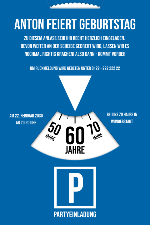 Einladungskarte 60. Geburtstag: Parkscheibe - 60 mit Foto