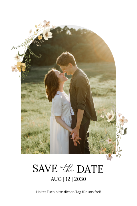 Save The Date Karte: Der schönste Tag mit Foto in Weiß
