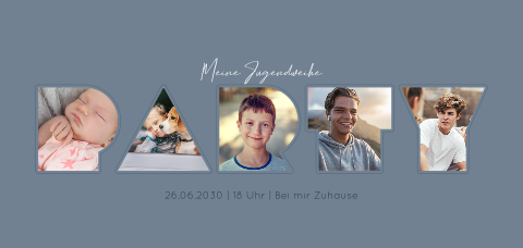 Einladungskarte Jugendweihe: Partybuchstaben mit Fotos in Blau