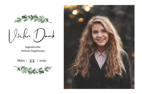 Dankeskarte Jugendweihe: Florales Danke mit Foto in Weiß