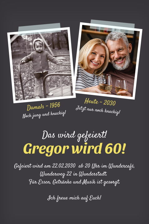 Einladungskarte 60. Geburtstag: Damals und Heute mit Fotos in Grau