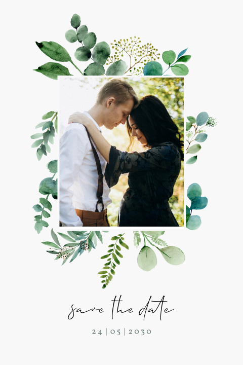 Save The Date Karte: Greenery mit Foto in Weiß
