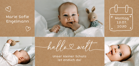 Geburtskarte: Herzchen mit Fotos in Kraft Look