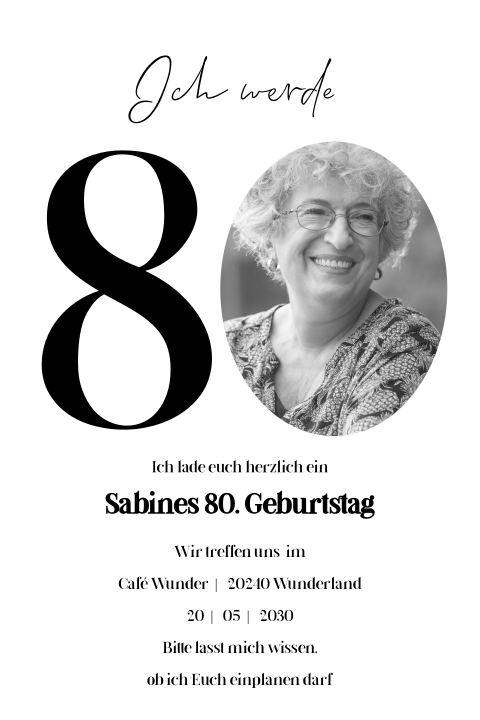 Einladungskarte 80. Geburtstag: Jubiläum 80 mit Foto in Weiß