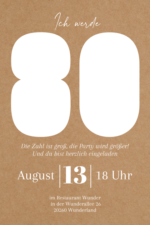 Einladungskarte Geburtstag: Ausgestanzte 80 mit Fotos in Kraft Look