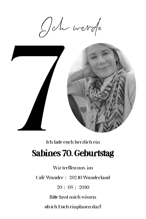 Einladungskarte 70. Geburtstag: Jubiläum 70 mit Foto in Weiß
