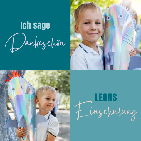 Dankeskarte Einschulung: Glänzende Aussicht mit Fotos in Türkis