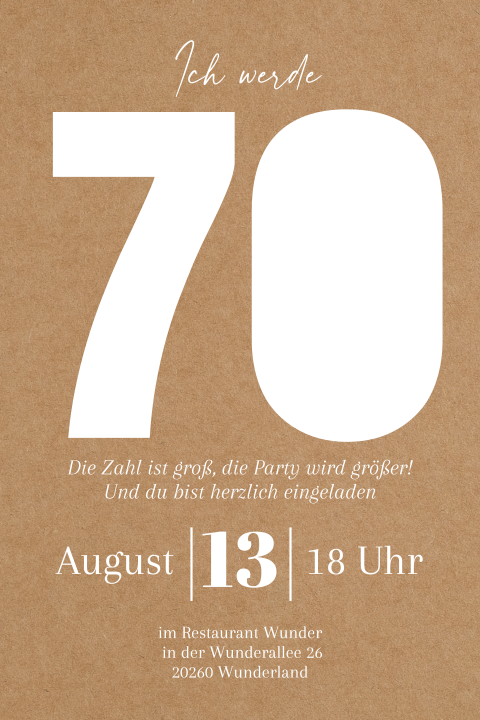 Einladungskarte Geburtstag: Ausgestanzte 70 mit Fotos in Kraft Look