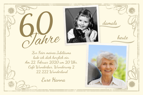Einladungskarte 60. Geburtstag: Vintage mit Fotos in Creme