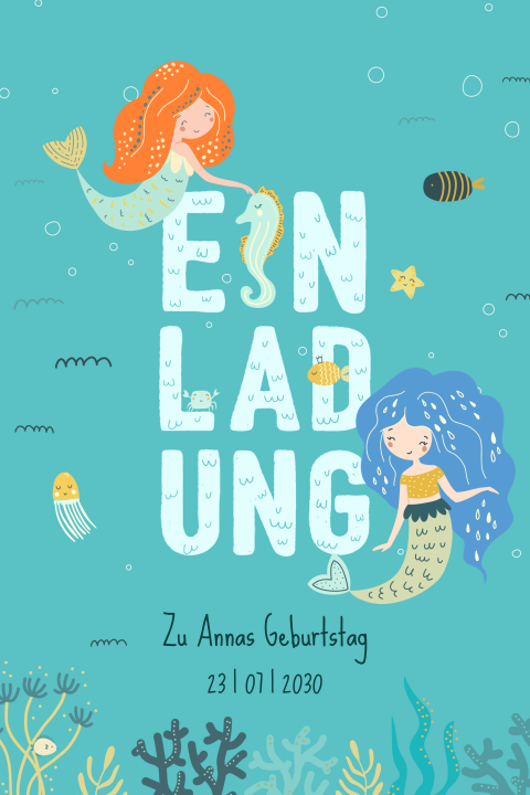 Einladungskarte Kindergeburtstag: Meerjungfrauen in Türkis