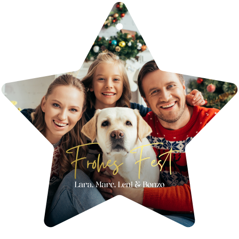 Weihnachtskarte: Sternform mit Foto und Goldschrift