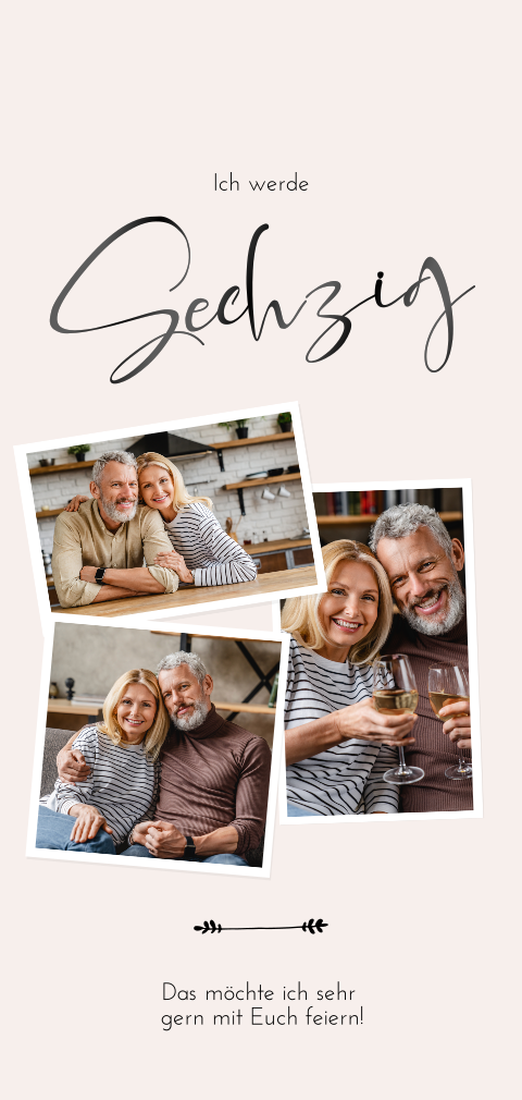 Einladungskarte 60. Geburtstag: Beige Polaroid mit Fotos in Creme